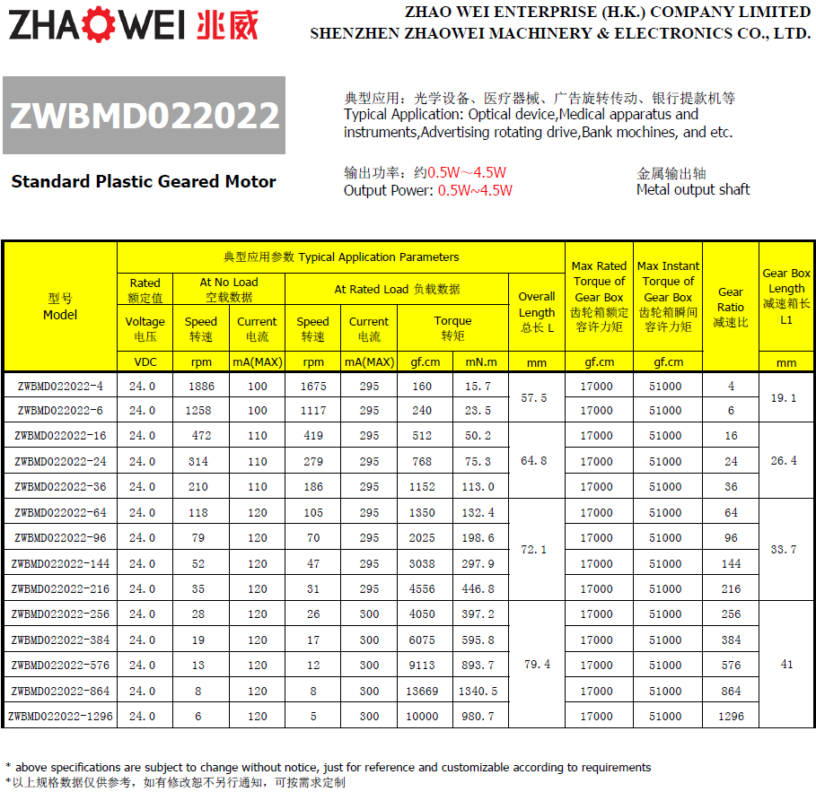 微型減速電機參數(shù)表